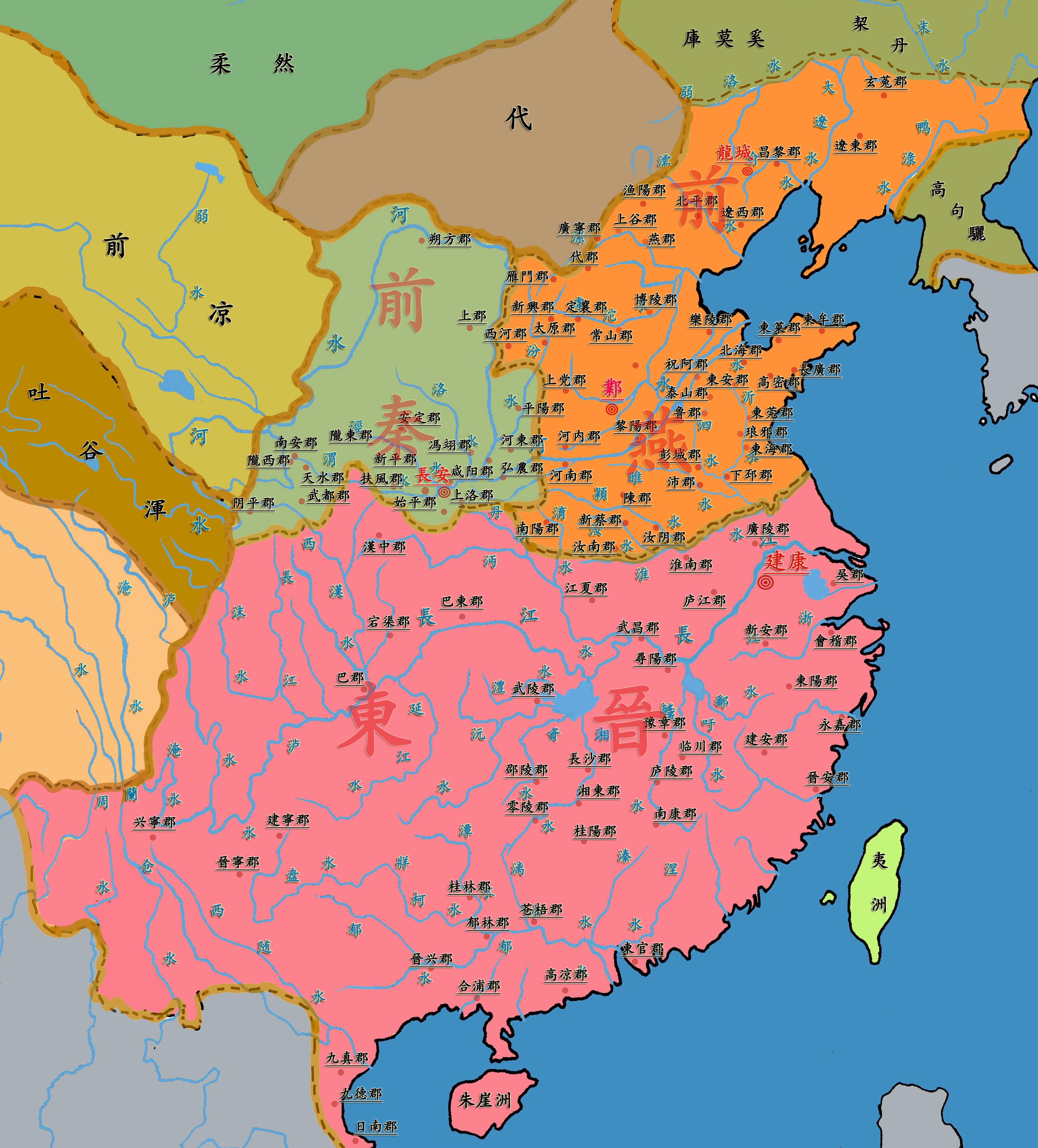 红色为东晋领土范围（未包括数次北伐收复的土地）