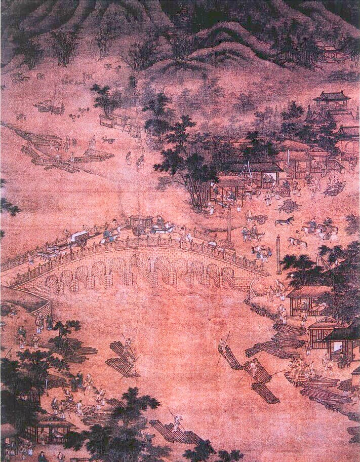《卢沟筏运图》，描绘1266年元世祖在卢沟桥附近河运石木以建造大都宫殿的情景